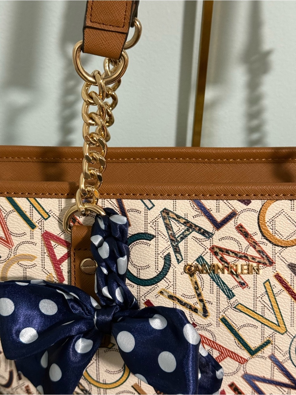 Calvin Klein Multicolor Logo-Print Structured Tote with Tan Trim and gold tones! - Picture 2 of 11